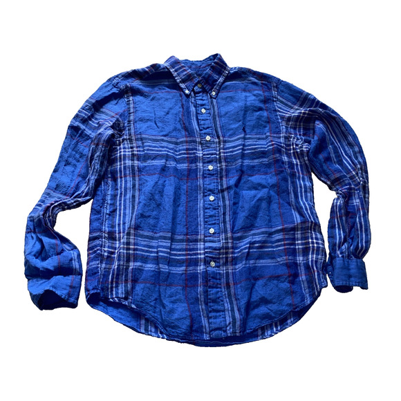 Polo Ralph Lauren Shirt Mens Medium Plaid Classic Fit RL Untucked Blue Gingham - Picture 1 of 4